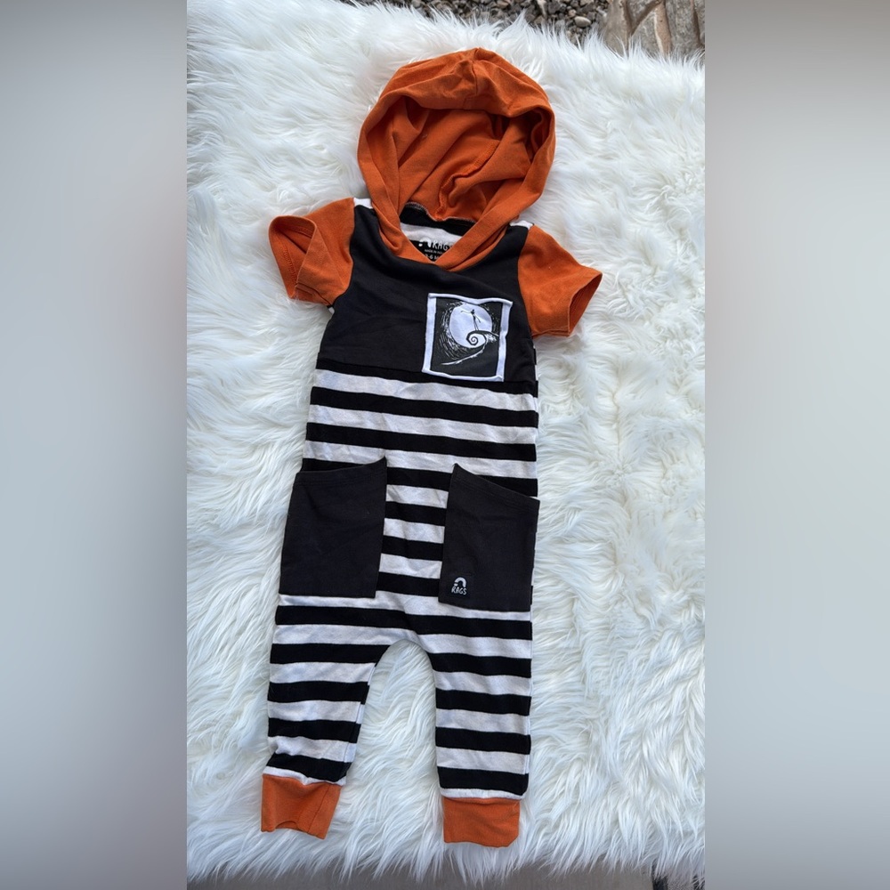 Rags to Raches- Orange and Black Striped Hooded Baby Romper